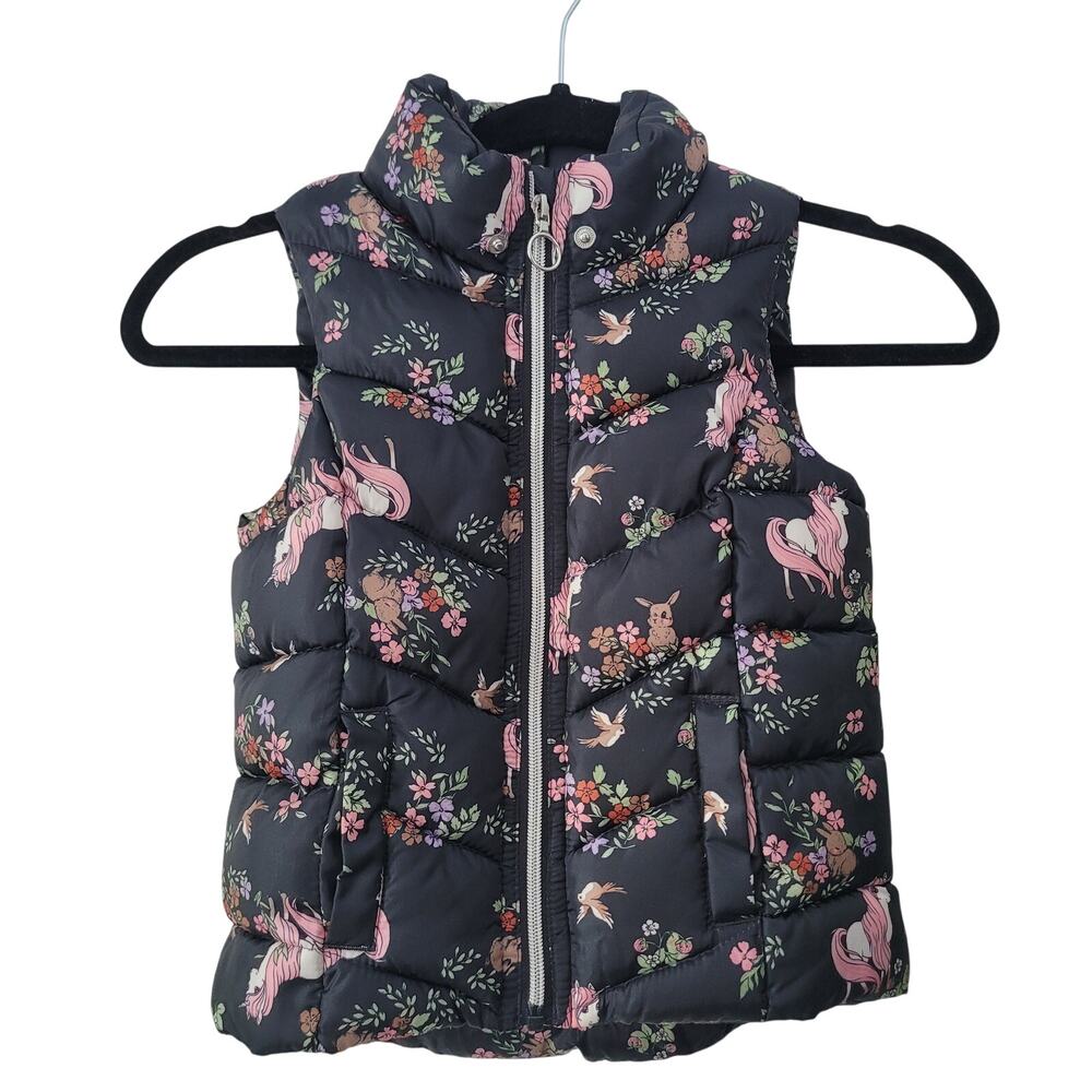 H&M Size 4-6Y Puffer Vest Kids Navy Unicorn Woodland Quilted Zip Front